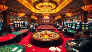 Players enjoying the excitement of king88 at a luxurious casino with roulette and poker tables.