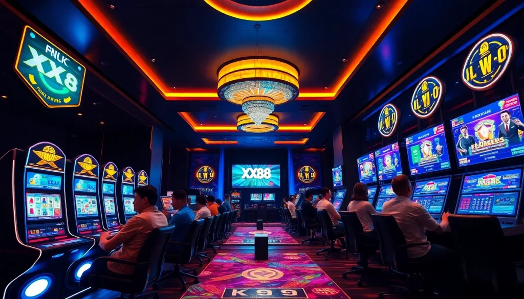 Exciting gaming atmosphere at XX88 online casino with players engaged in diverse activities.