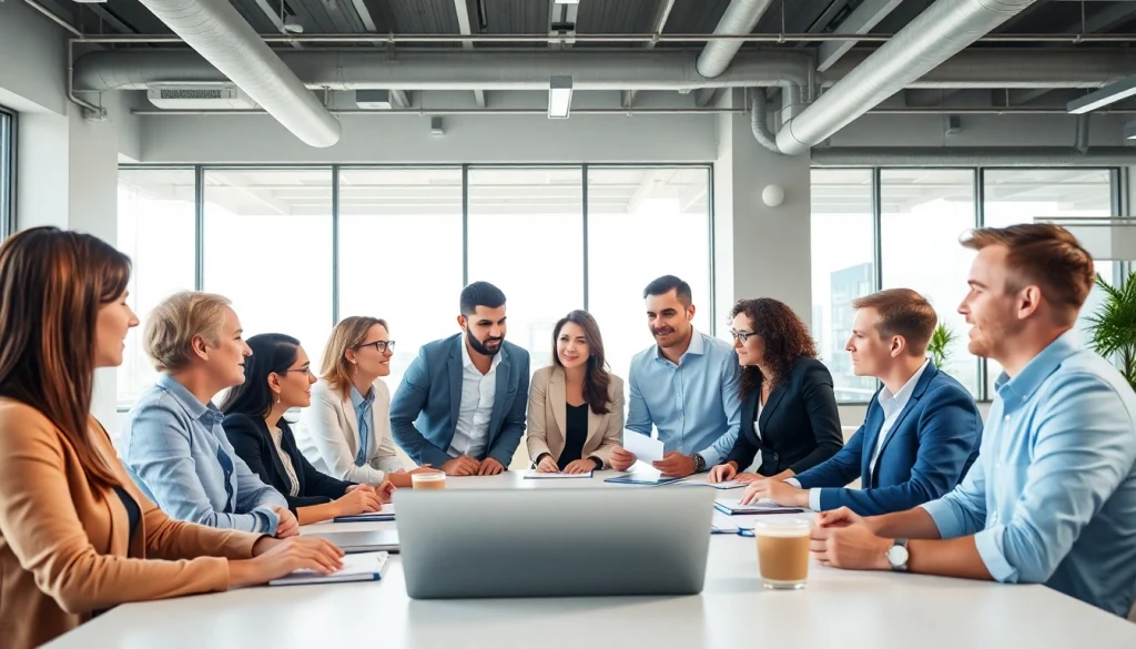 Business team collaborating in a modern office with diverse professionals engaged in discussion.