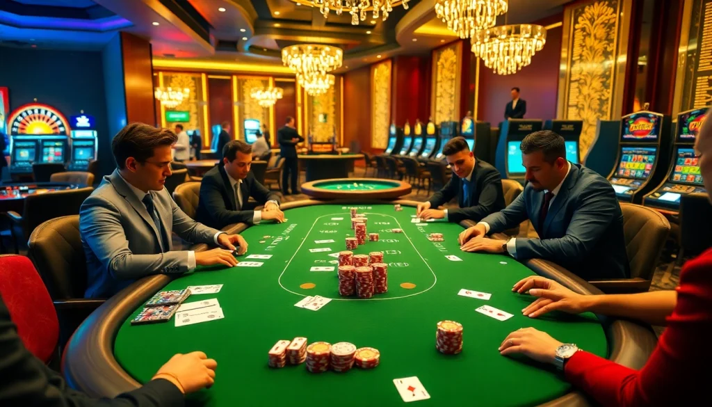 Players enjoying a thrilling poker game at XX 88 casino, showcasing luxury and excitement.