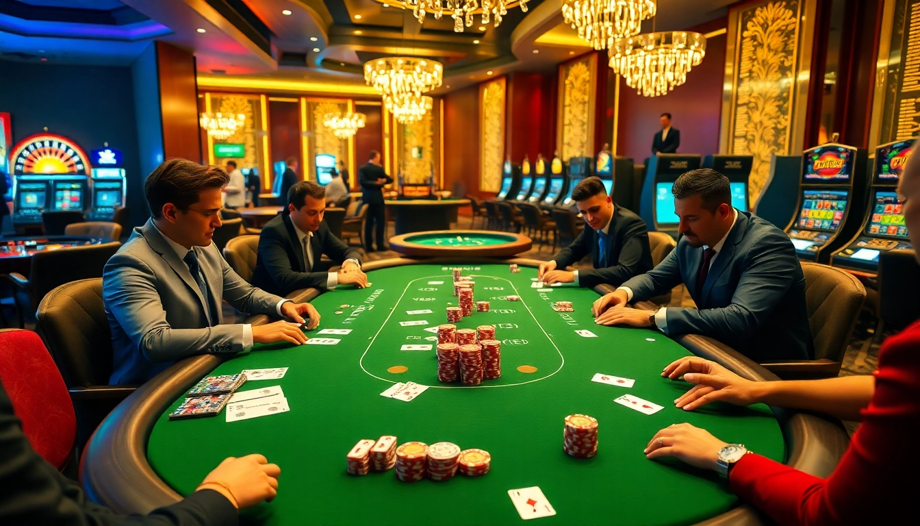 Players enjoying a thrilling poker game at XX 88 casino, showcasing luxury and excitement.