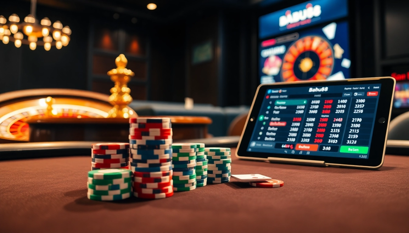 Experience the excitement of Babu88 at a luxurious casino poker table with vibrant chips and betting odds.