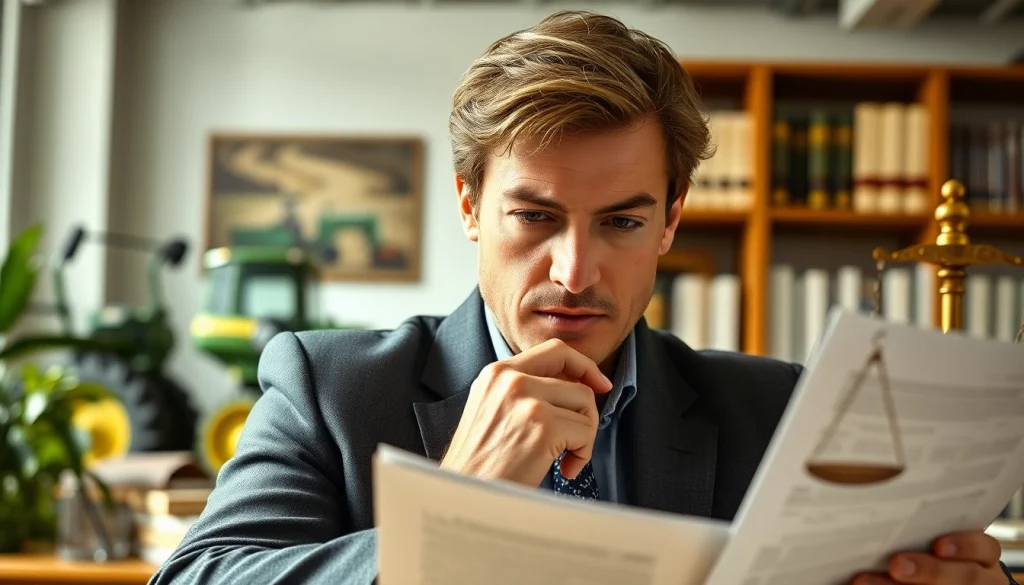 Agricultural law attorney analyzing farm regulations in a modern office setting.
