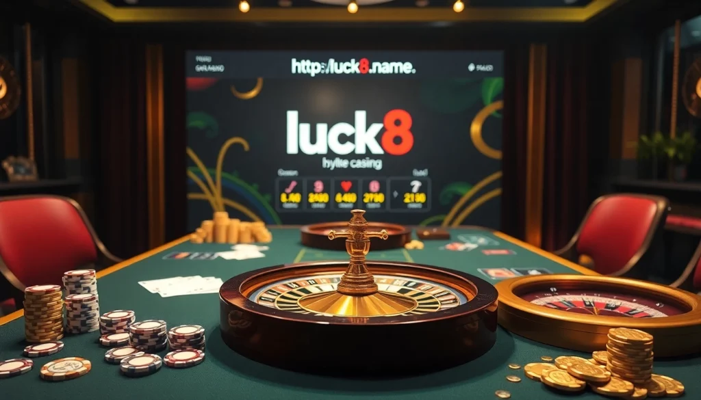Experience the thrill of gambling at https://luck8.name/ with a luxurious casino table and vibrant poker chips.