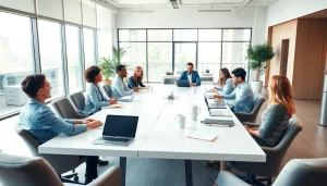 Business team collaborating in a bright office, enhancing productivity and innovation.