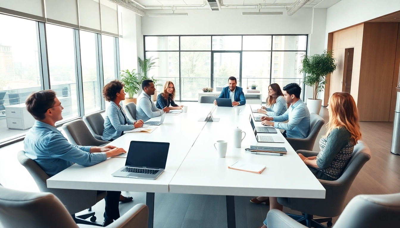 Business team collaborating in a bright office, enhancing productivity and innovation.