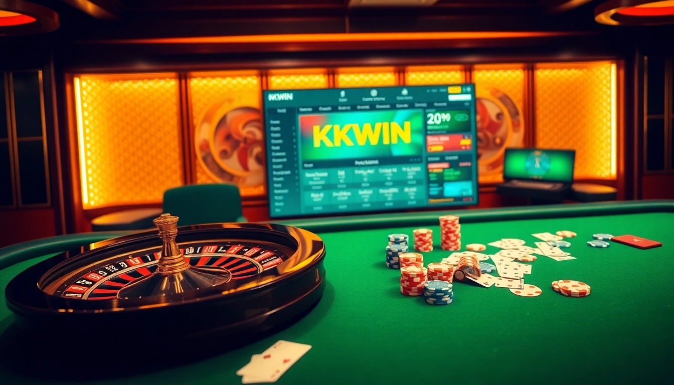 Experience luxury at https://kkwin.life/ with an exciting casino scene featuring poker chips and a roulette wheel.
