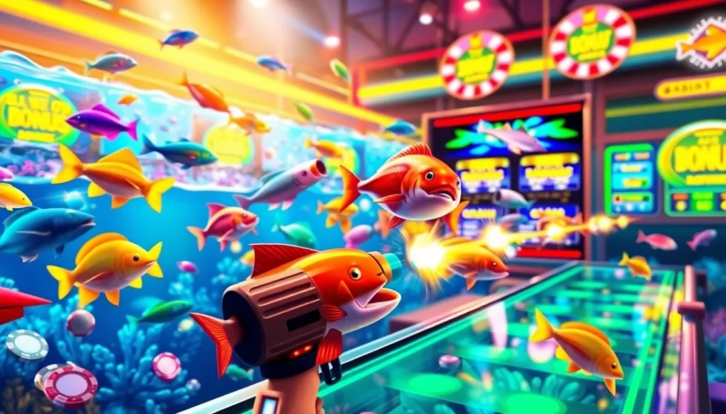Bắn cá đổi thưởng in a vibrant ocean casino setting with colorful 3D graphics and gaming interface.