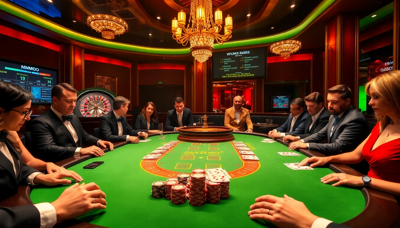 Engage in lively poker gameplay at MMOO with colorful chips and cards in a luxurious casino setting.