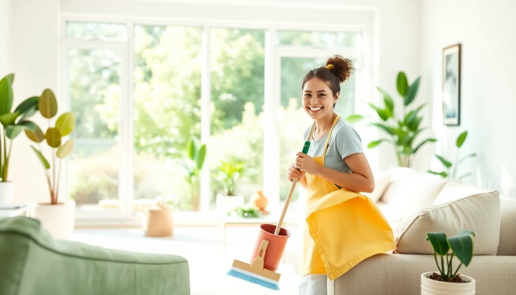 Enhance your space with a professional cleaning service, showcasing a cleaner in a bright modern home.