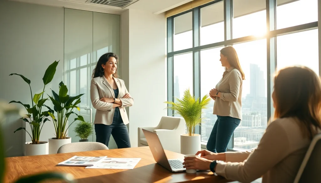 Real Estate agent engaging with clients in a bright office space.