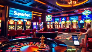 Experience the thrill of Superbet with a vibrant casino scene featuring roulette and poker.