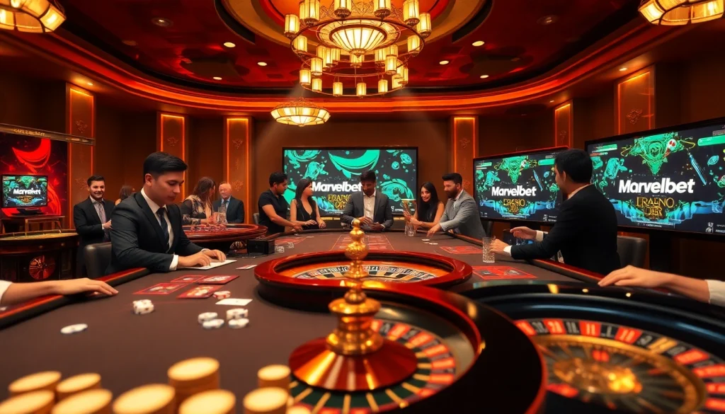 Marvelbet casino experience with vibrant gaming tables, cards, and roulette wheel.