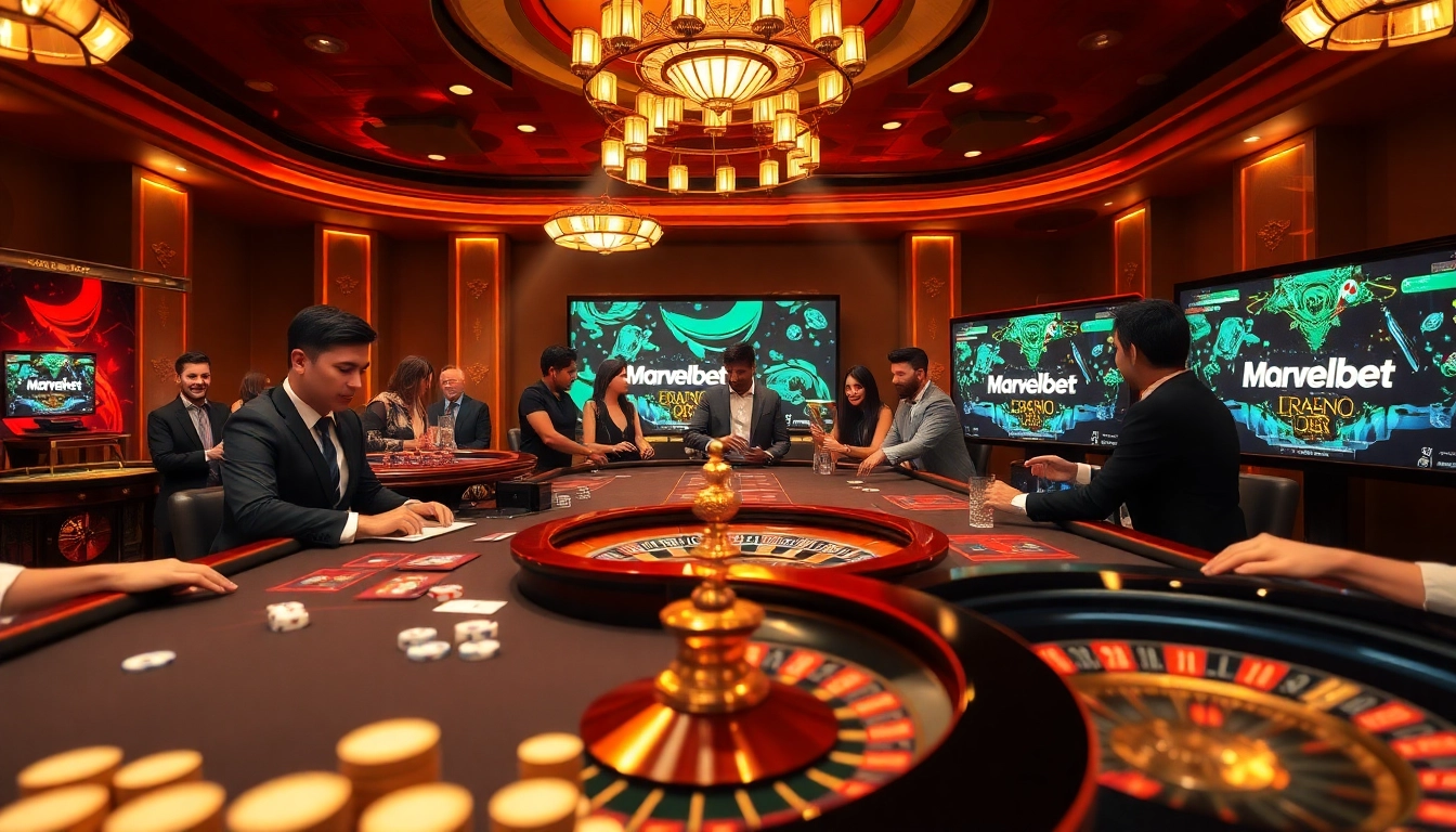 Marvelbet casino experience with vibrant gaming tables, cards, and roulette wheel.