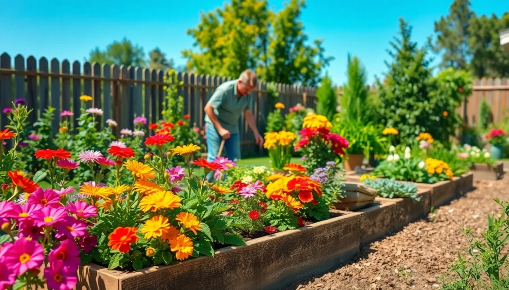 Gardening enthusiast nurturing vibrant plants in a beautiful backyard setting.