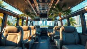 https://miamicharterbus.com offers a modern charter bus in Miami, surrounded by vibrant scenery.