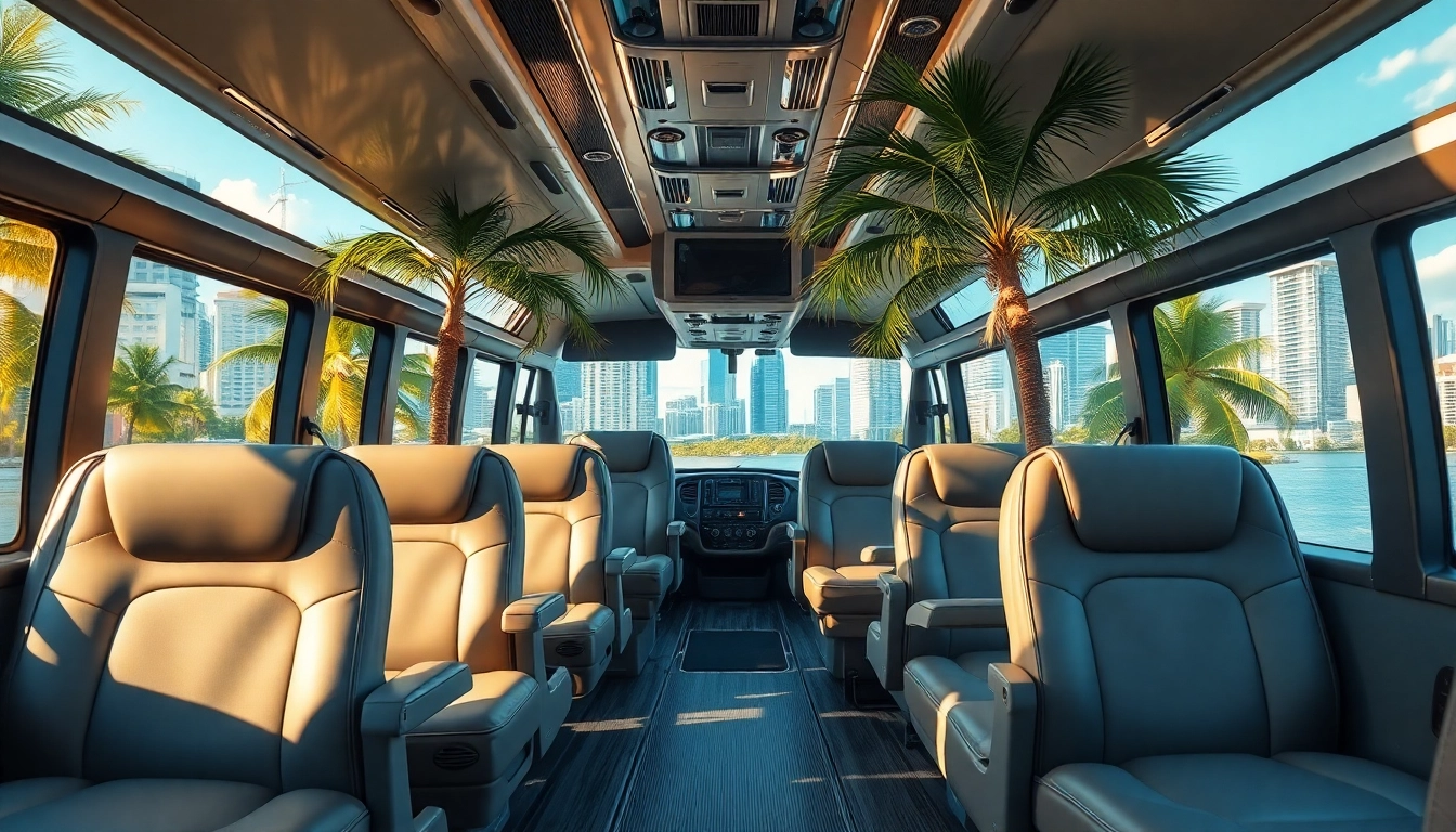 https://miamicharterbus.com offers a modern charter bus in Miami, surrounded by vibrant scenery.