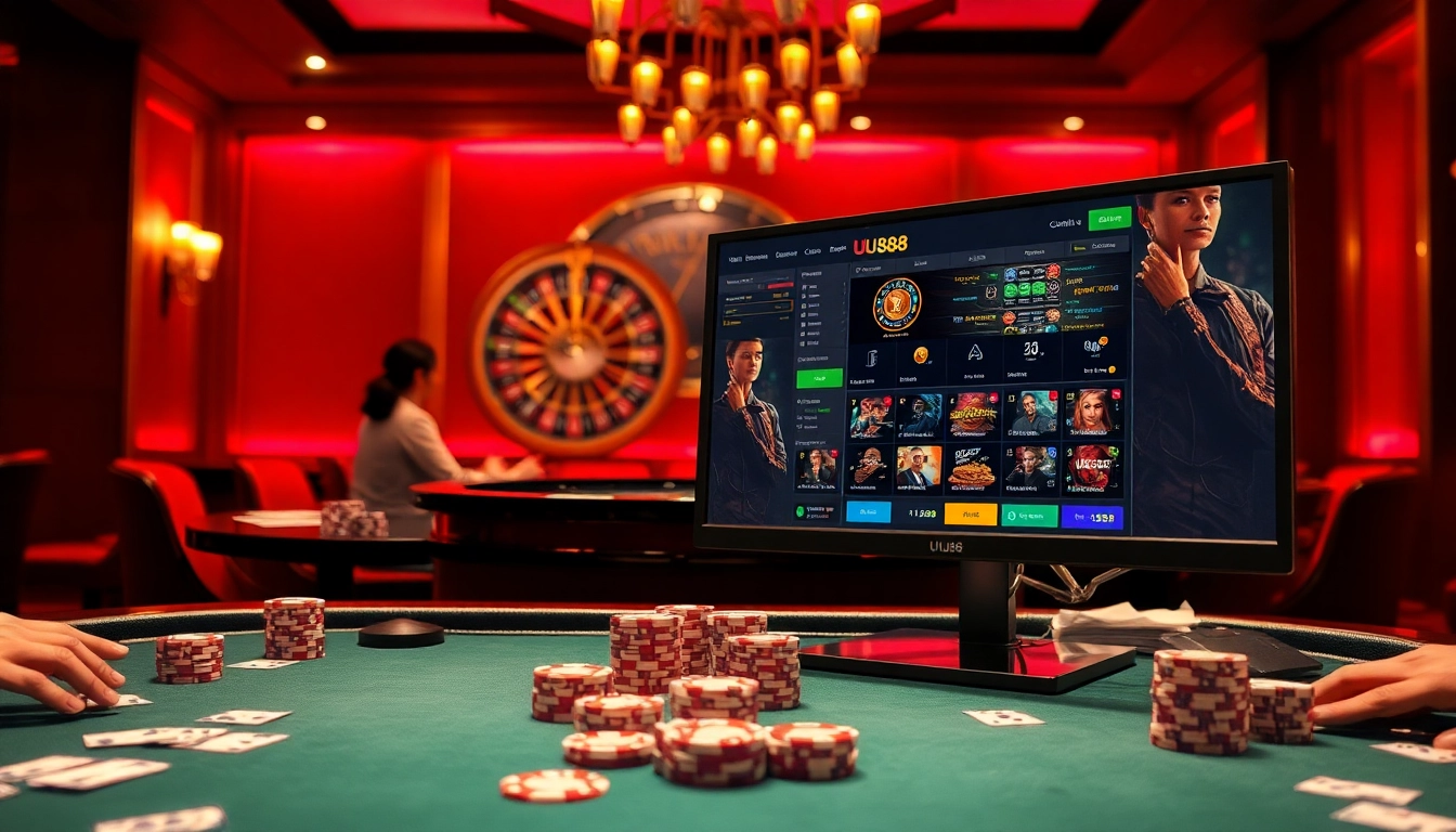 Engaged players at a luxurious UU88 poker table, creating a thrilling gambling atmosphere.