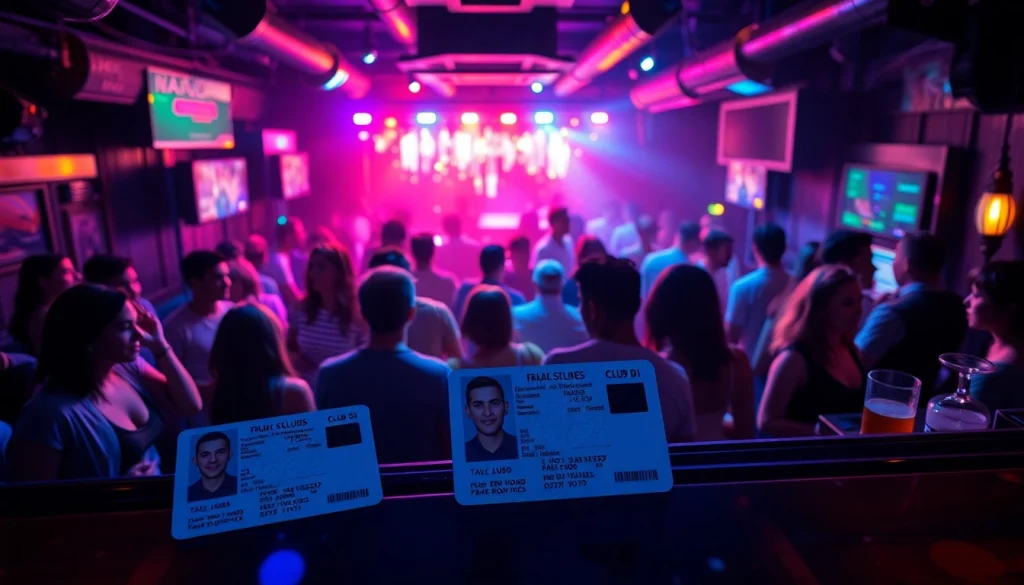 Club 21 ids: High-quality fake ID cards showcased in a vibrant nightclub setting.