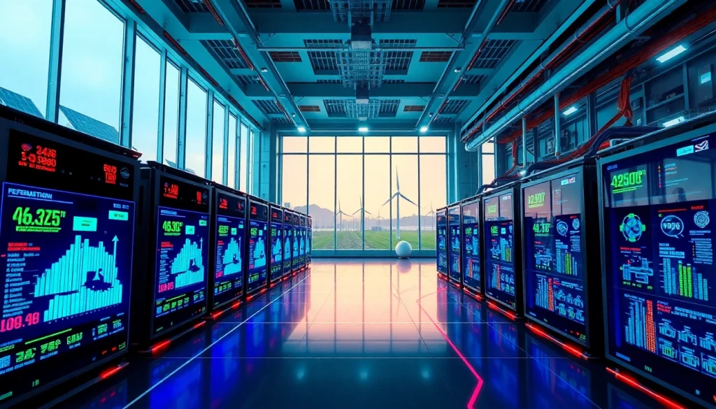 Crypto mining facility featuring advanced AI technology and renewable energy sources.