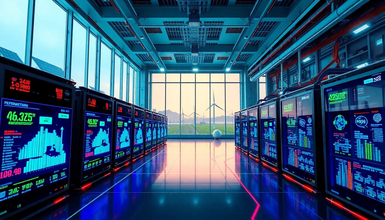 Crypto mining facility featuring advanced AI technology and renewable energy sources.