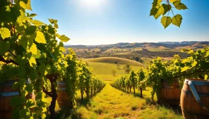 A scenic vineyard in Clarksburg CA with vibrant grapevines under a sunny sky, showcasing rural charm.