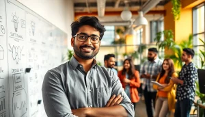 Indian entreprenure collaborating with a diverse team in a vibrant office environment.