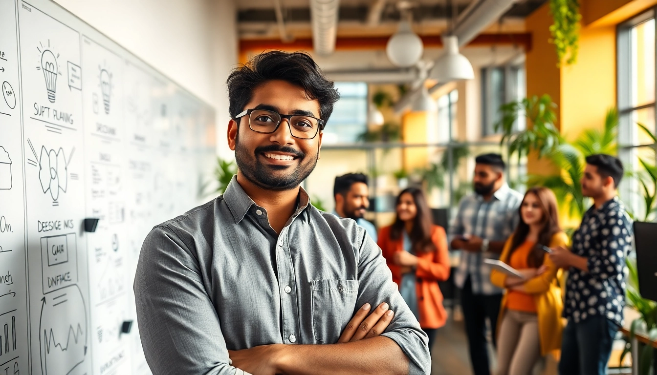 Indian entreprenure collaborating with a diverse team in a vibrant office environment.