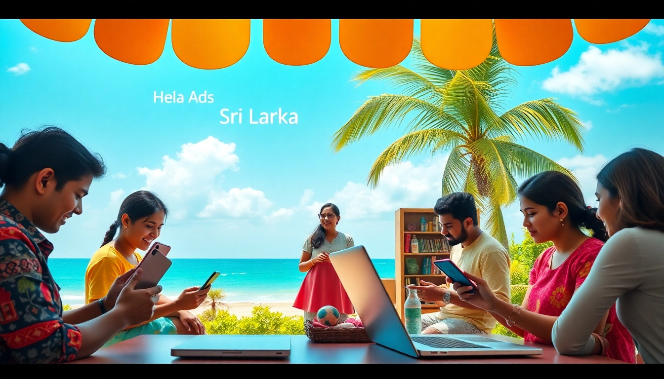 Dynamic scene of Hela Ad users engaging with classified ads, showcasing a vibrant Sri Lankan marketplace.