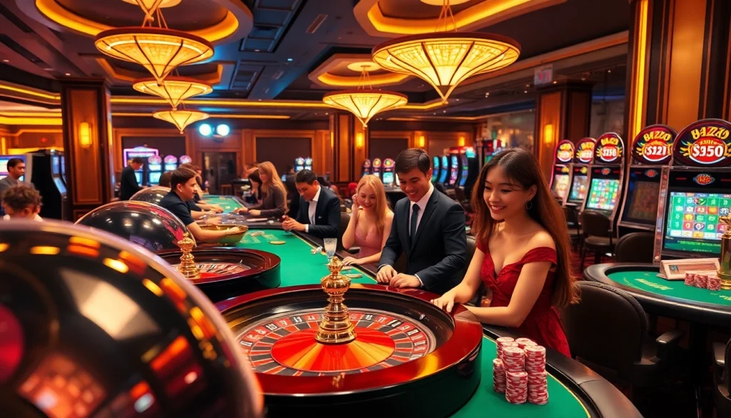 Exciting casino action at https://xx88.pizza/, showcasing players at roulette and poker tables.
