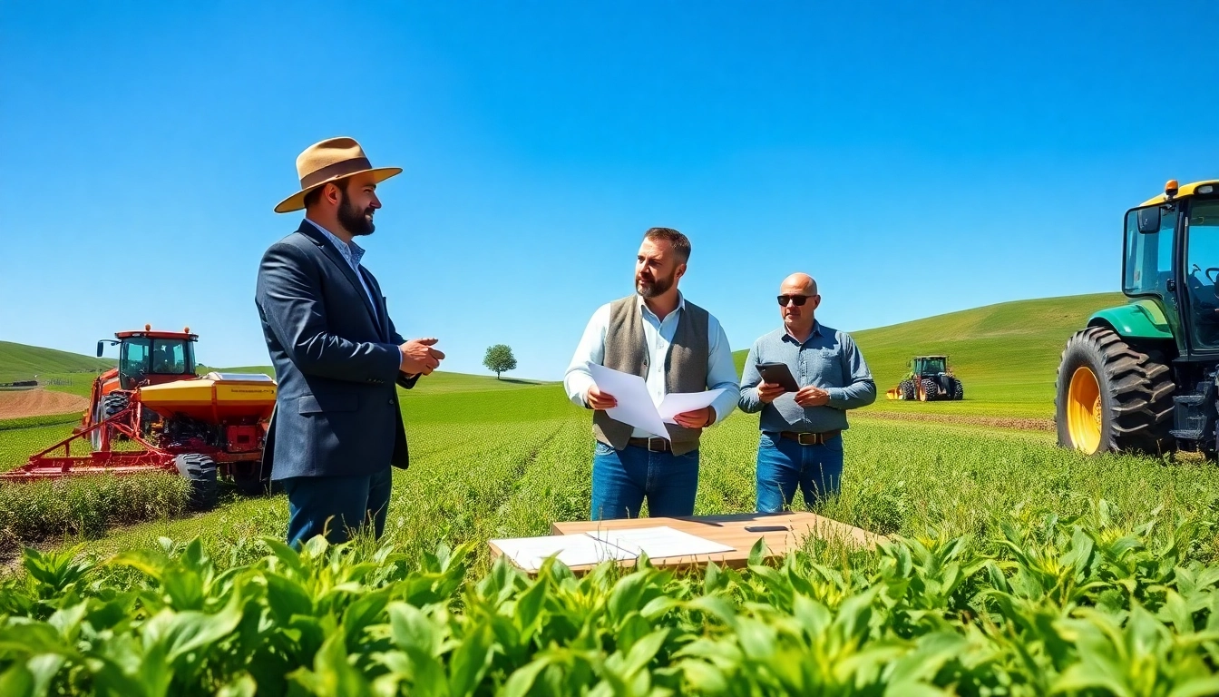 Farmers engaging in agriculture law negotiations with lawyers in a vibrant field.