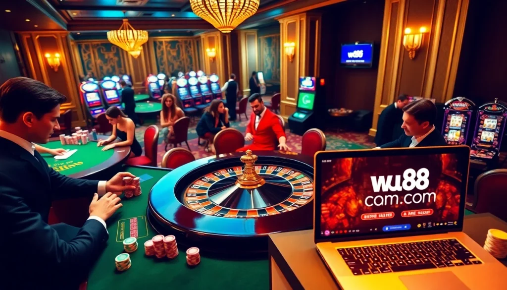 Experience thrilling gameplay at w88.com with a luxurious casino setting featuring roulette and poker action.