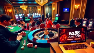 Experience thrilling gameplay at w88.com with a luxurious casino setting featuring roulette and poker action.