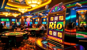 Experience the thrills of gambling at Rio's luxurious casino with vibrant slot machines and exciting tables.