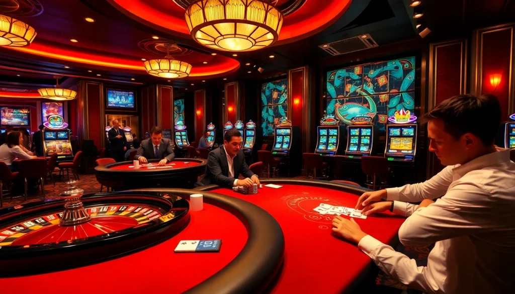 High-stakes gaming scene at nhà cái sunwin featuring poker tables and roulette wheels.