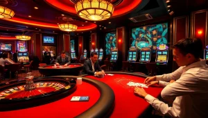 High-stakes gaming scene at nhà cái sunwin featuring poker tables and roulette wheels.