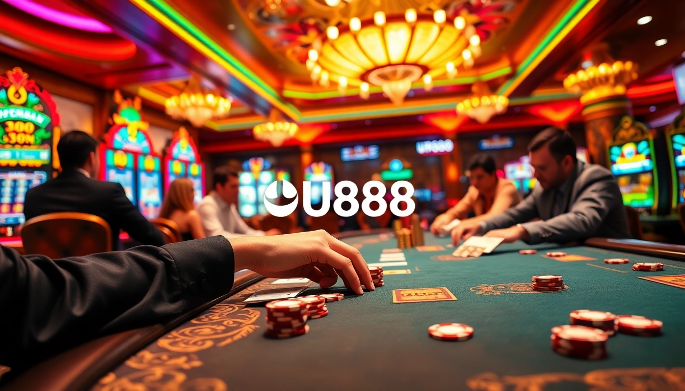 Experience a thrilling poker game at U888's luxurious online casino with vibrant colors and high stakes.