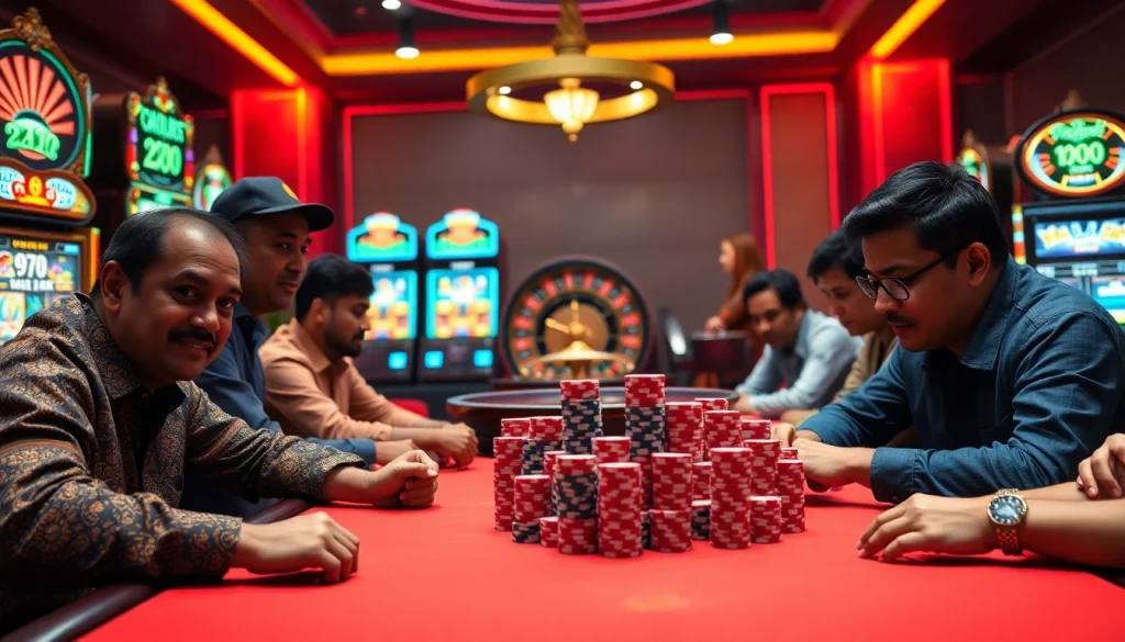 Khela88 Bangladesh casino players enjoying an exciting poker game amidst colorful gambling elements.