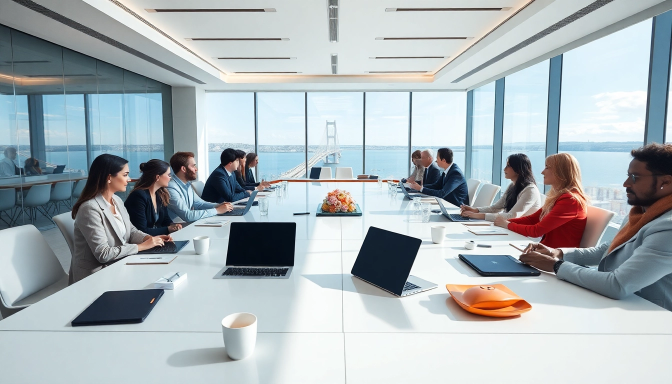 Engaging business meeting at https://oresundbusinessmeeting.se with panoramic views and diverse professionals.