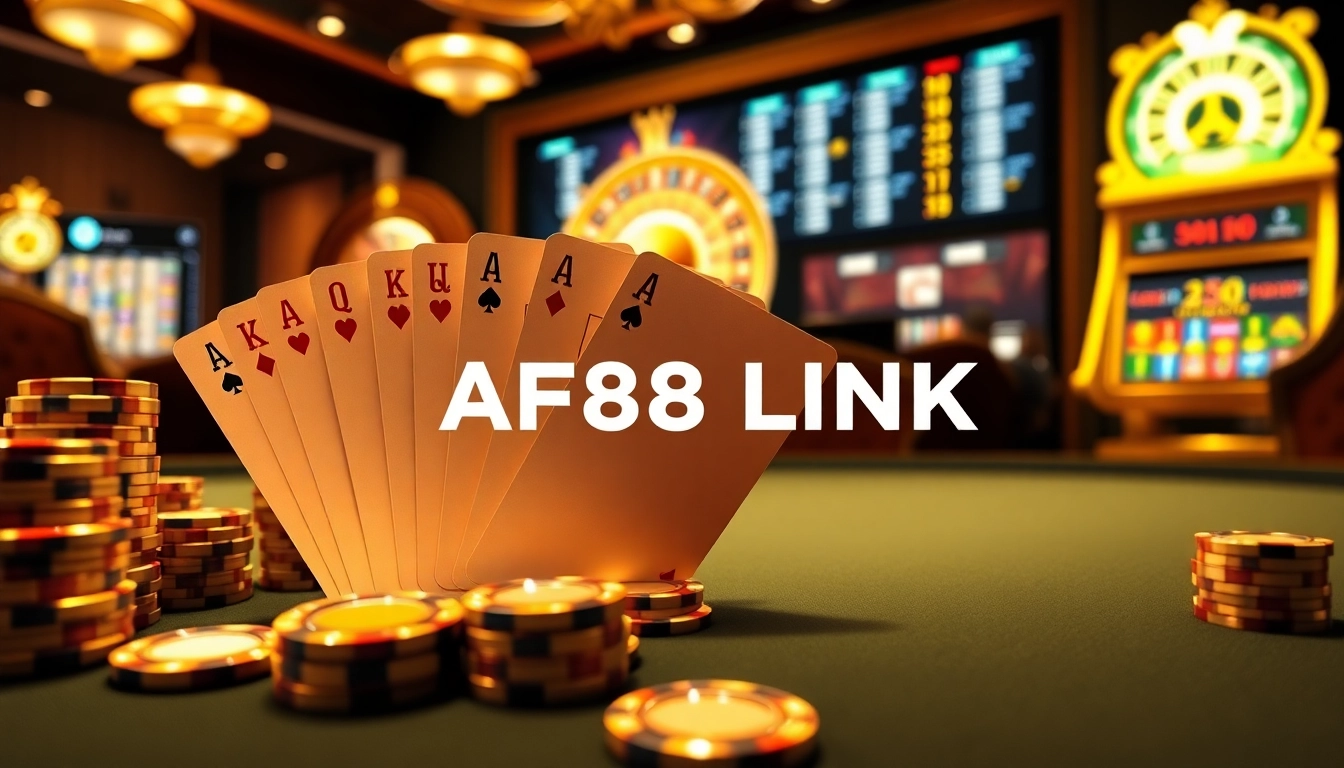 Engaging scene of AF88 LINK with luxury poker elements and vibrant online betting options.