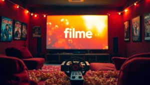 Experience the thrill of filme in a cozy home theater setup with exciting ambiance.