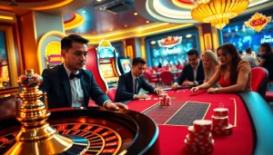 Iwin showcases a luxurious casino scene with excited players at a blackjack table and vibrant slot machines.