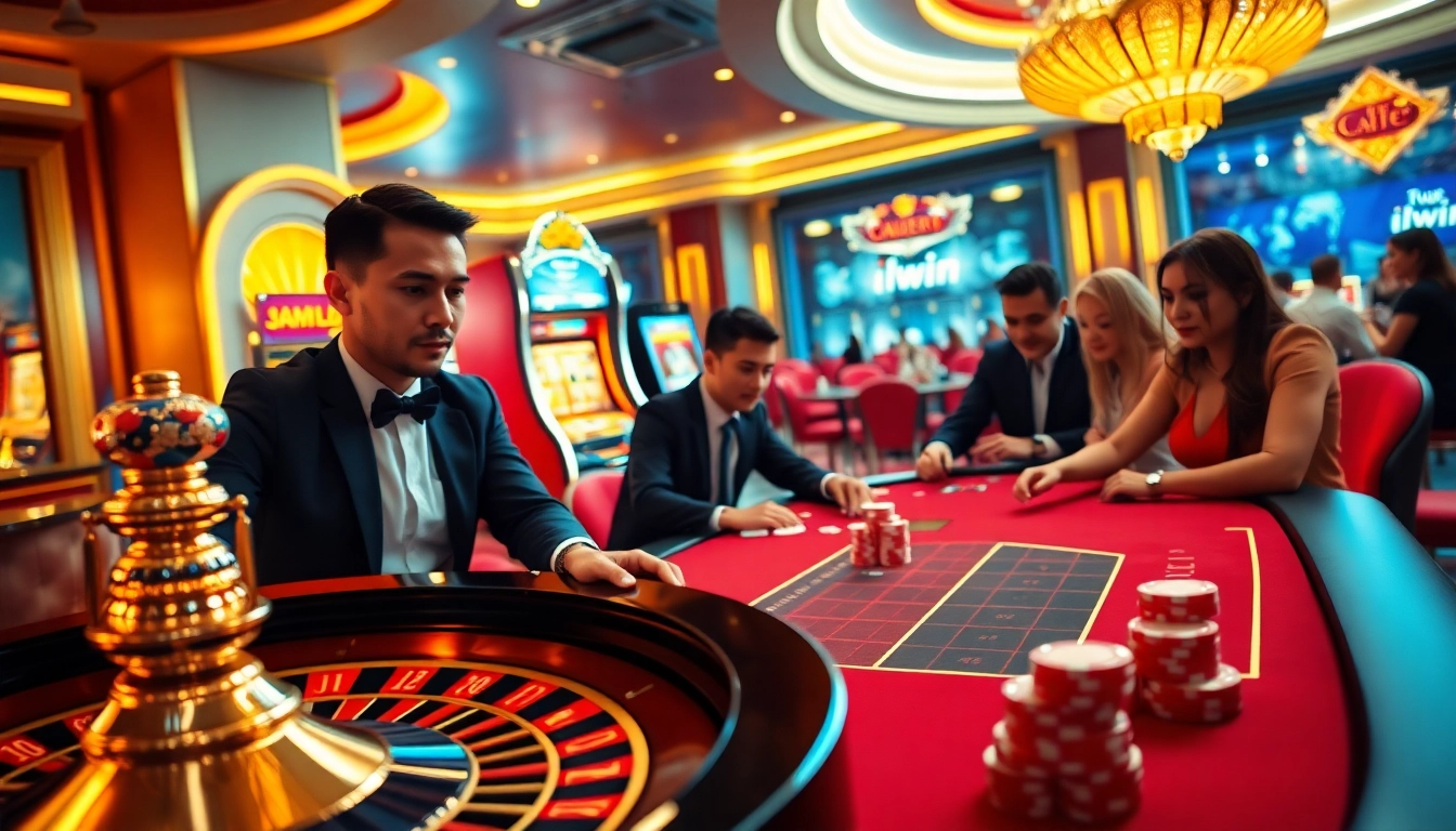 Iwin showcases a luxurious casino scene with excited players at a blackjack table and vibrant slot machines.