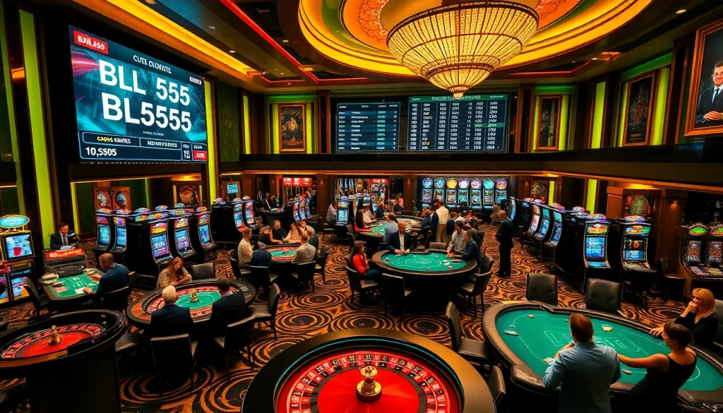 Experience thrilling gaming action at BL555's luxurious casino with vibrant tables and professional ambiance.