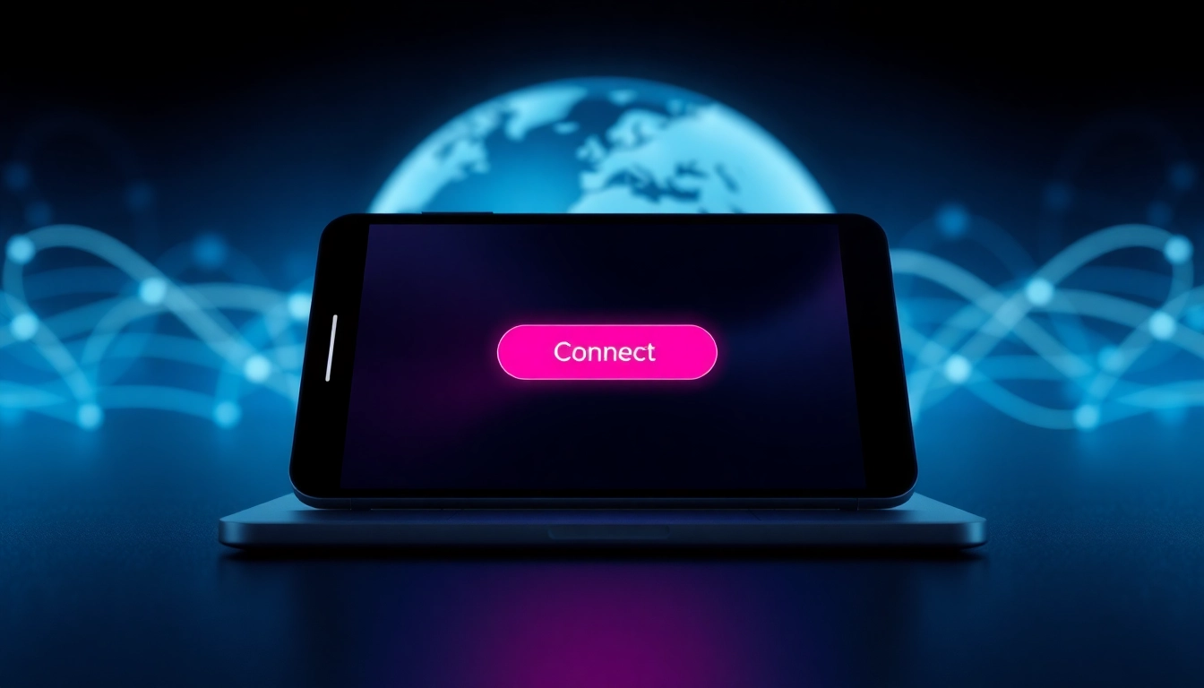 快连下载 app interface on a digital device, showcasing the easy one-touch connection and global network.