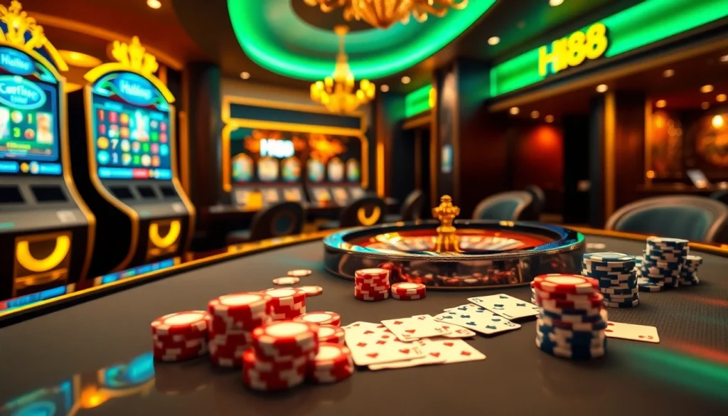 Exciting online gambling experience at Hi88 with vibrant slot machines and stylish gaming tables.