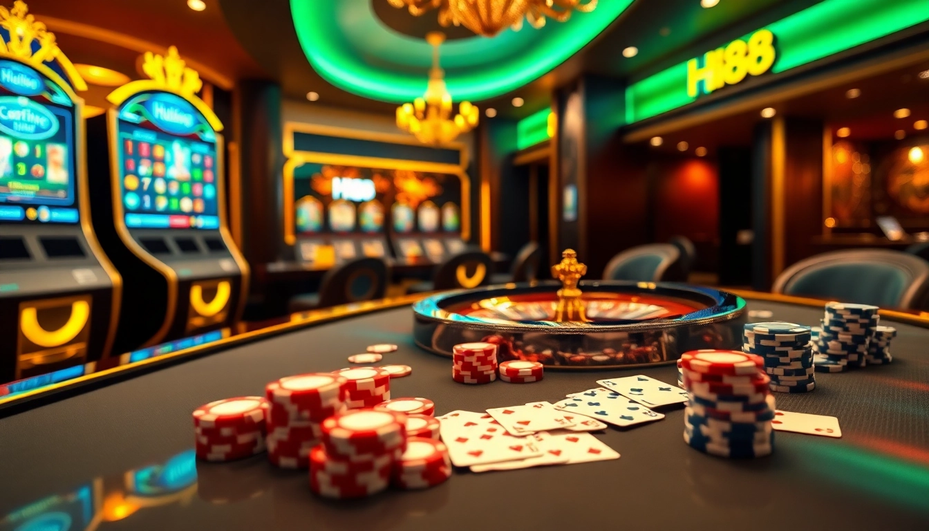 Exciting online gambling experience at Hi88 with vibrant slot machines and stylish gaming tables.