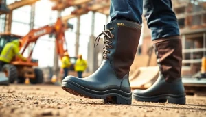 Wearing Bata industrial gumboots Kenya on a construction site for effective protection.