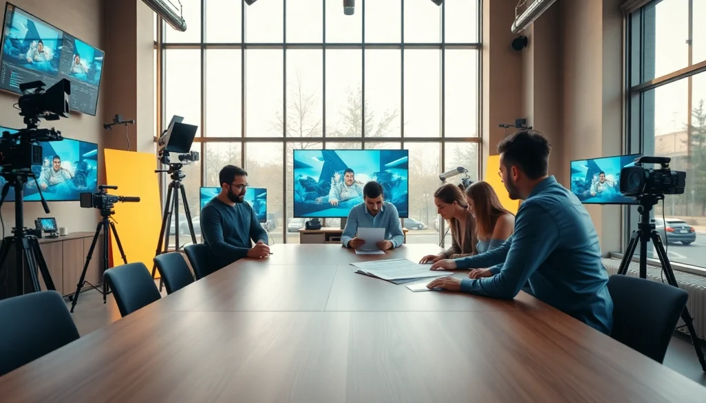 Video Production Company Calgary team's collaboration in a vibrant, modern studio environment