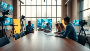 Video Production Company Calgary team's collaboration in a vibrant, modern studio environment